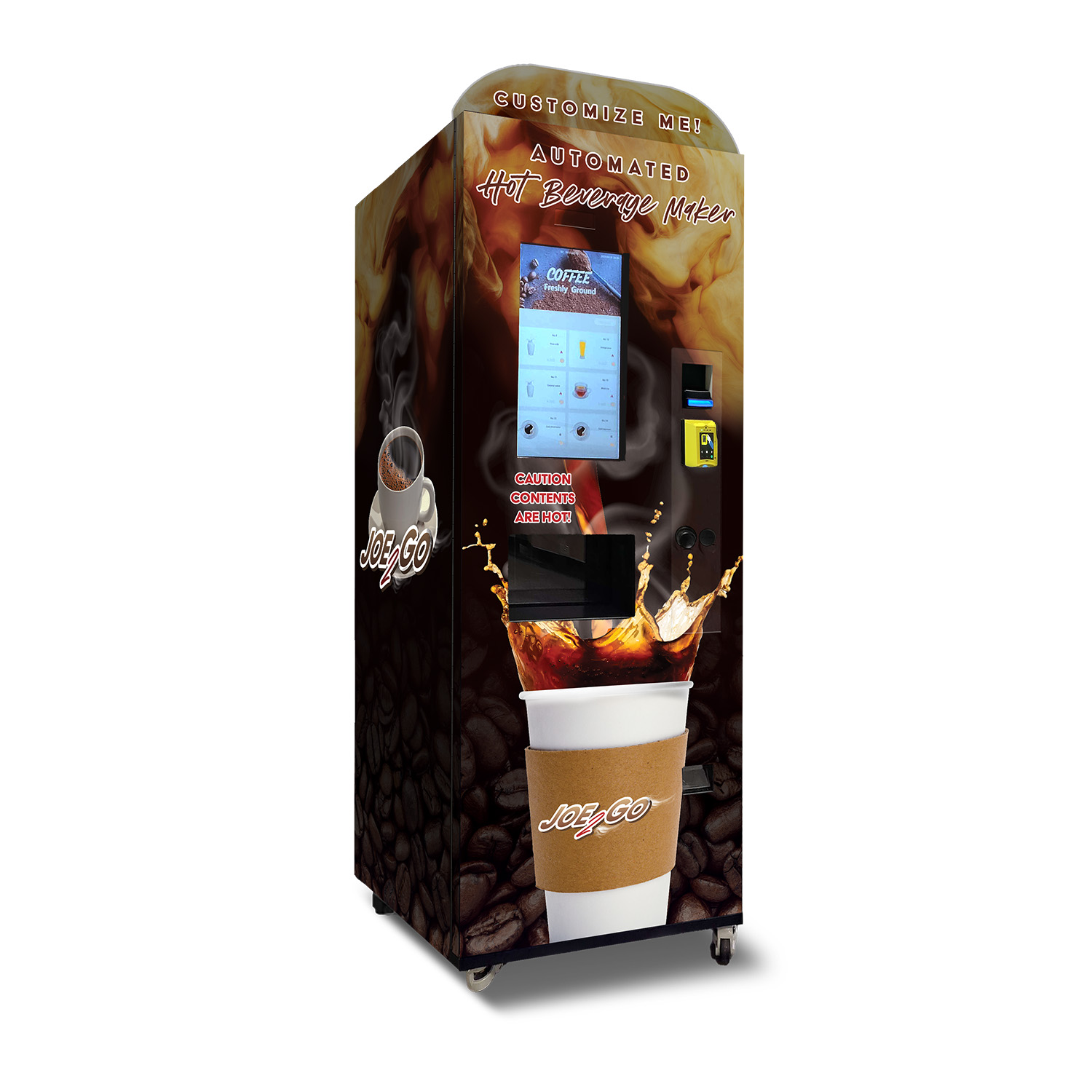 An image of a coffee machine with rich coffee beans and steaming coffee printed on it. The marquis reads "customize me!"