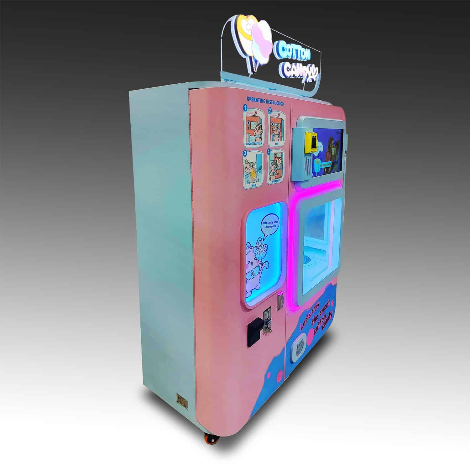 An image of a cotton candy machine with view of the internal cabinet where the candy is made, and a large touchscreen above that