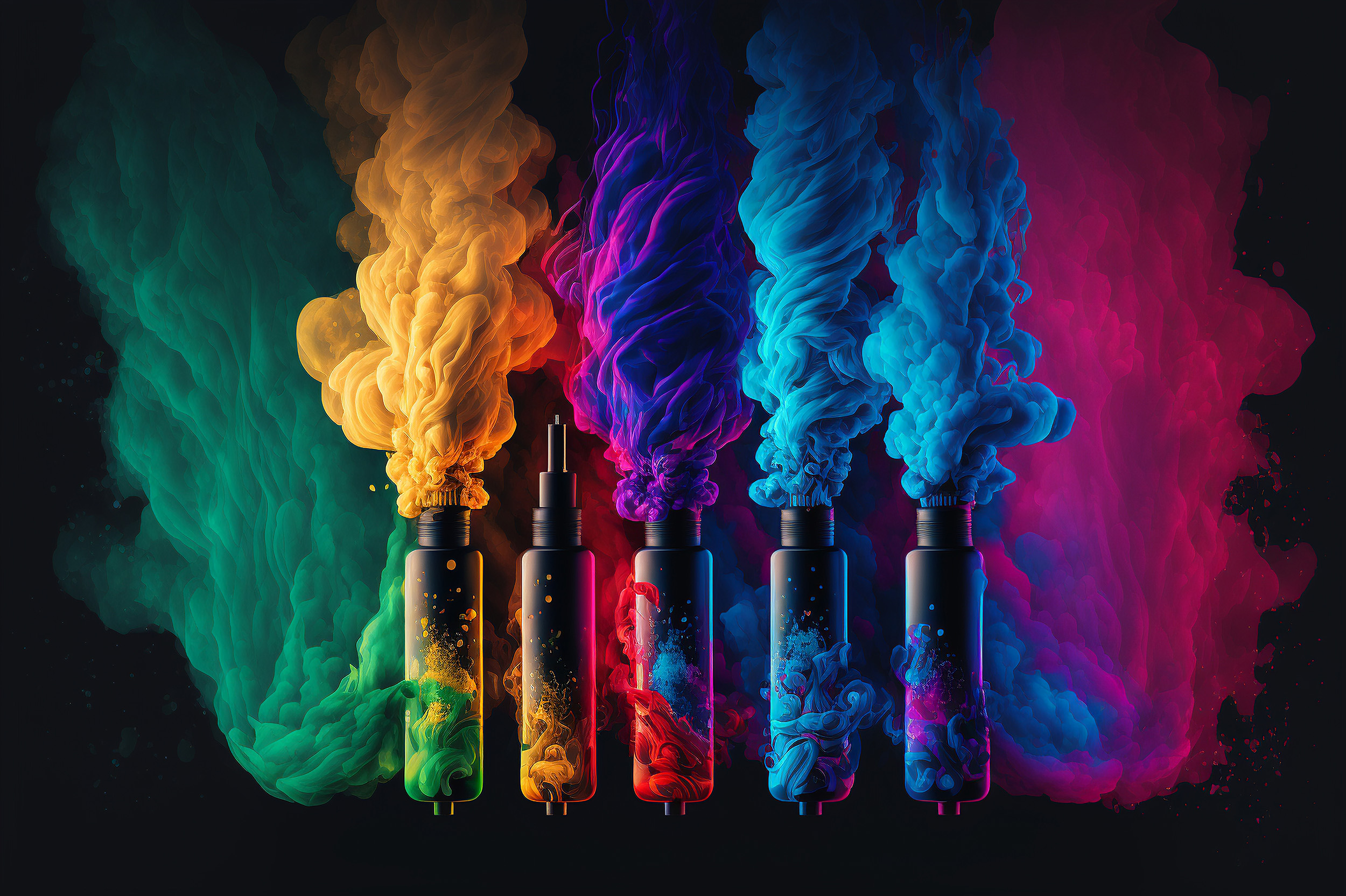 A colorful image of 5 vapes spewing vibrant smoke in a colors of the spectrum to promote custom vape vending machines.