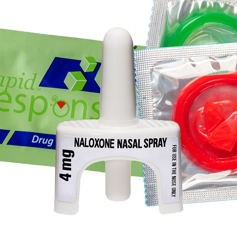 Harm reduction items like Naloxone, fentanyl test strips, and condoms.