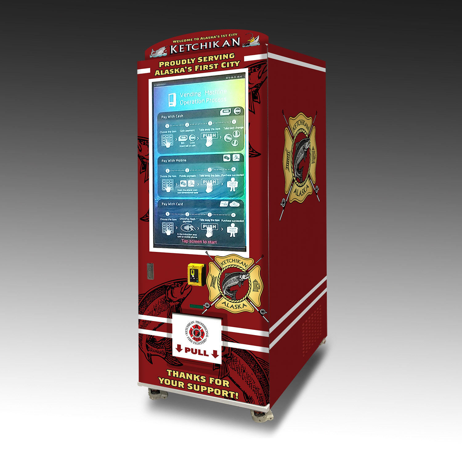 A custom fundraising vending machine built to sell t-shirts and other swag for the Ketchikan, Alaska fire department.