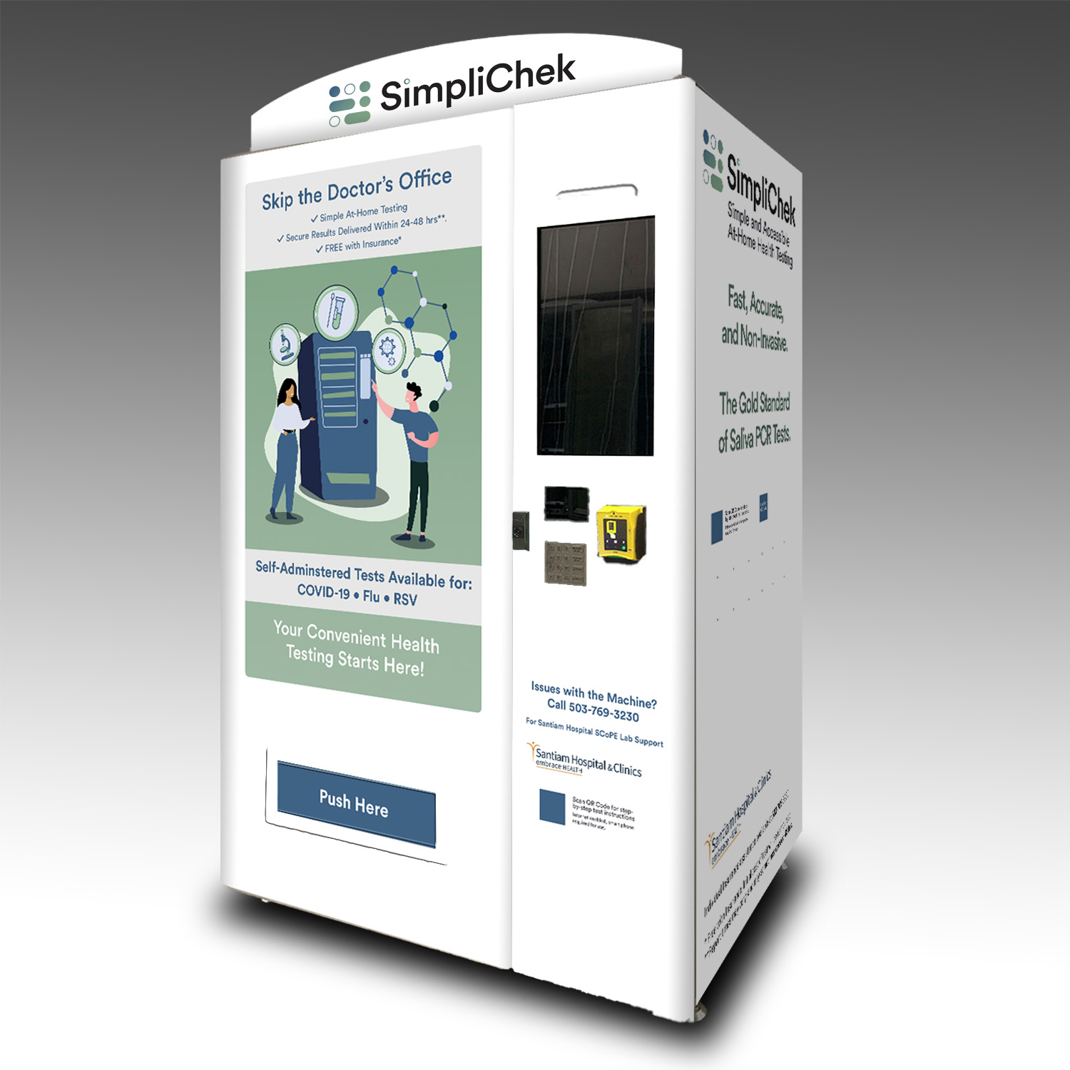 A custom vending machine for PCR tests for COVID-19, Flu, and RSV.