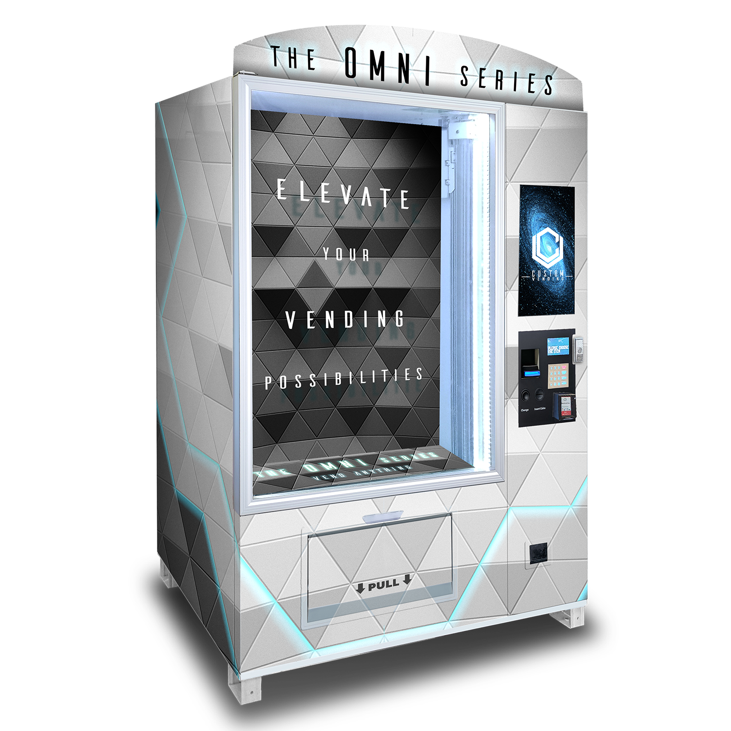 A mockup of the OMNI Elite custom vending chassis facing to the right.