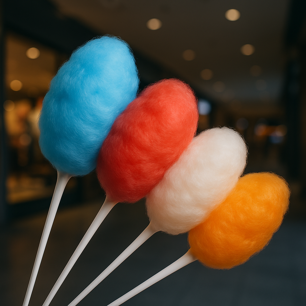 Four different cotton candies that are blue, red, white, and orange in color. Behind them is a blurry mall background