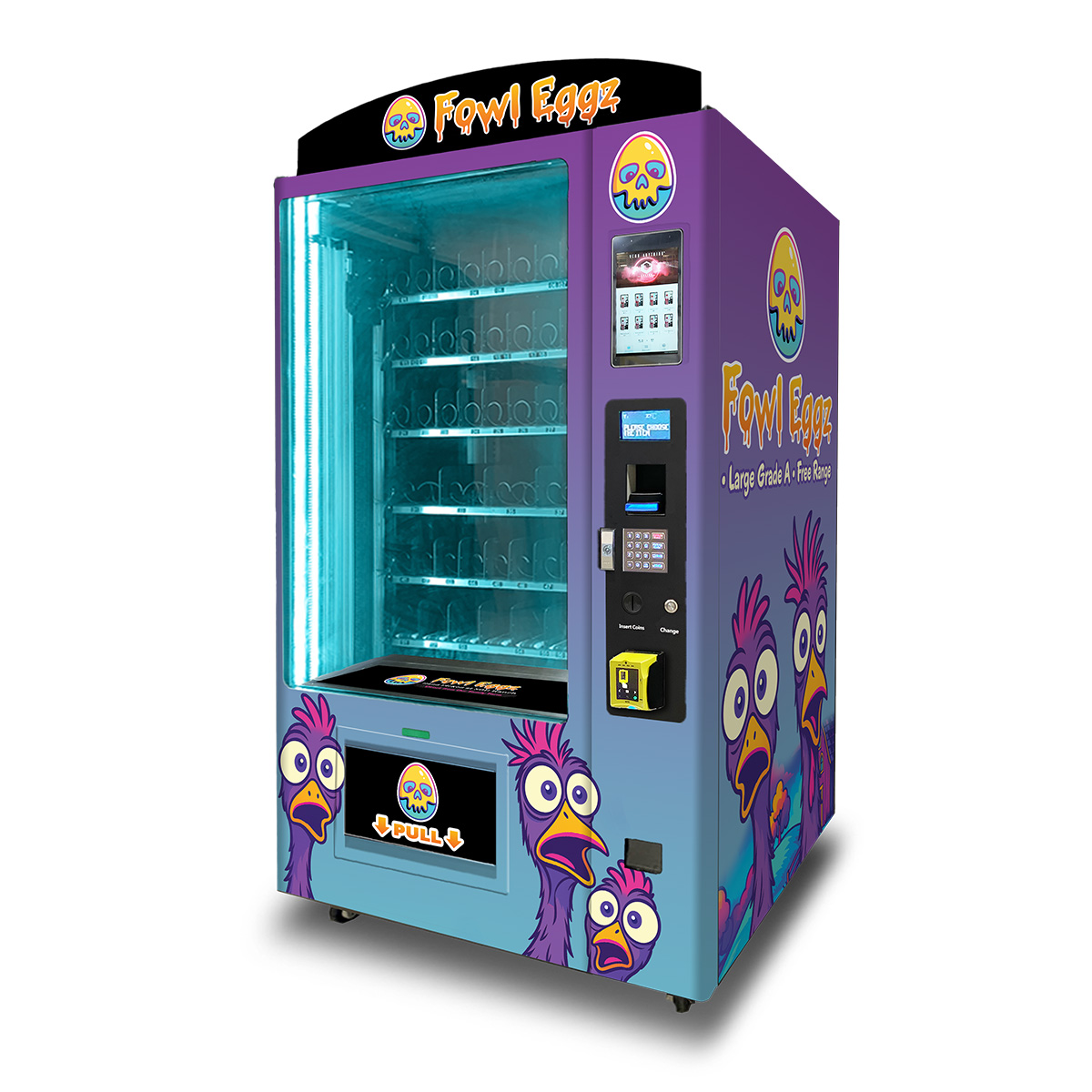 An OMNI Pro Vending Machine showcasing a purple wrap with stylized cartoon chickens and the text "Fowl Eggz" on the marquis