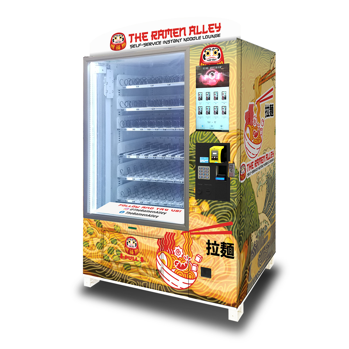 An OMNI Elite Vending Machine showcasing a wrap with a stylized noodle background and bowls or ramen and the text "The Ramen Alley" on the marquis