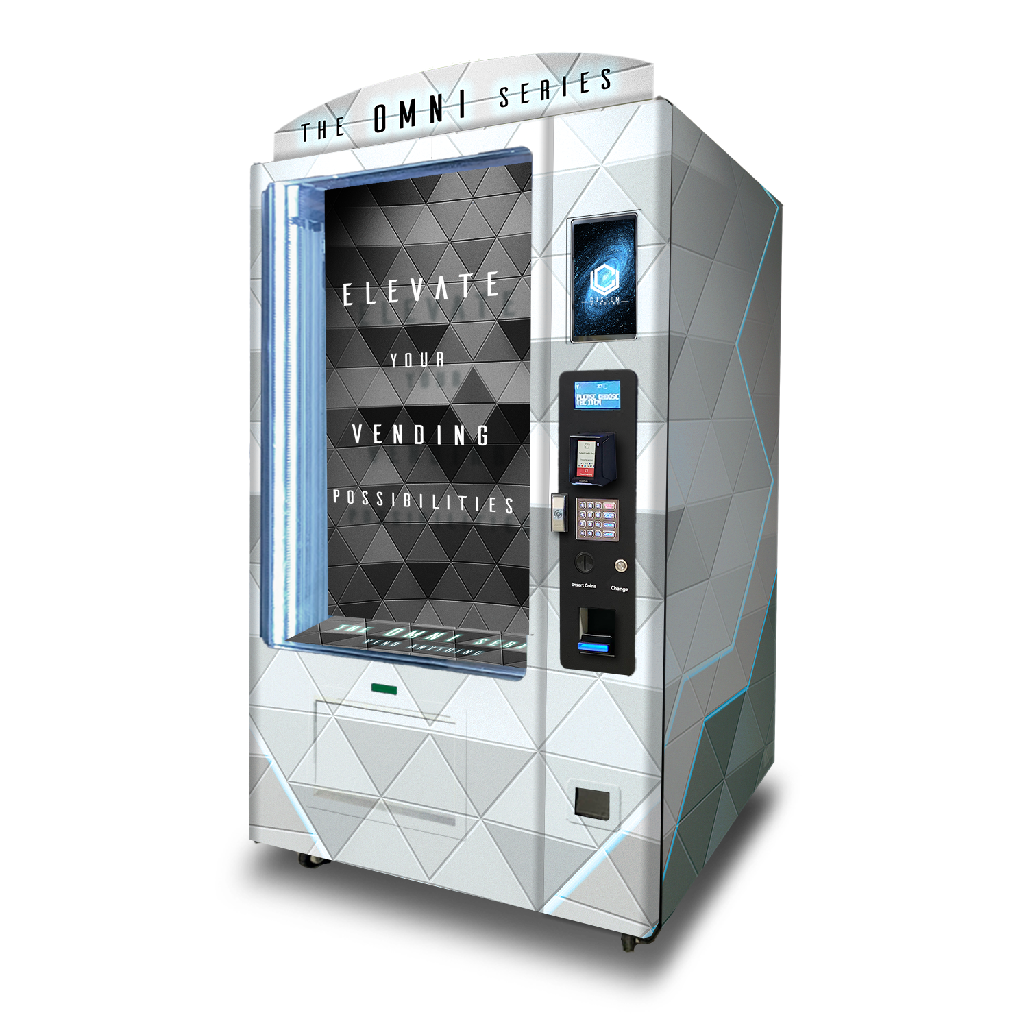 A mockup of the OMNI Pro custom vending chassis facing to the left.