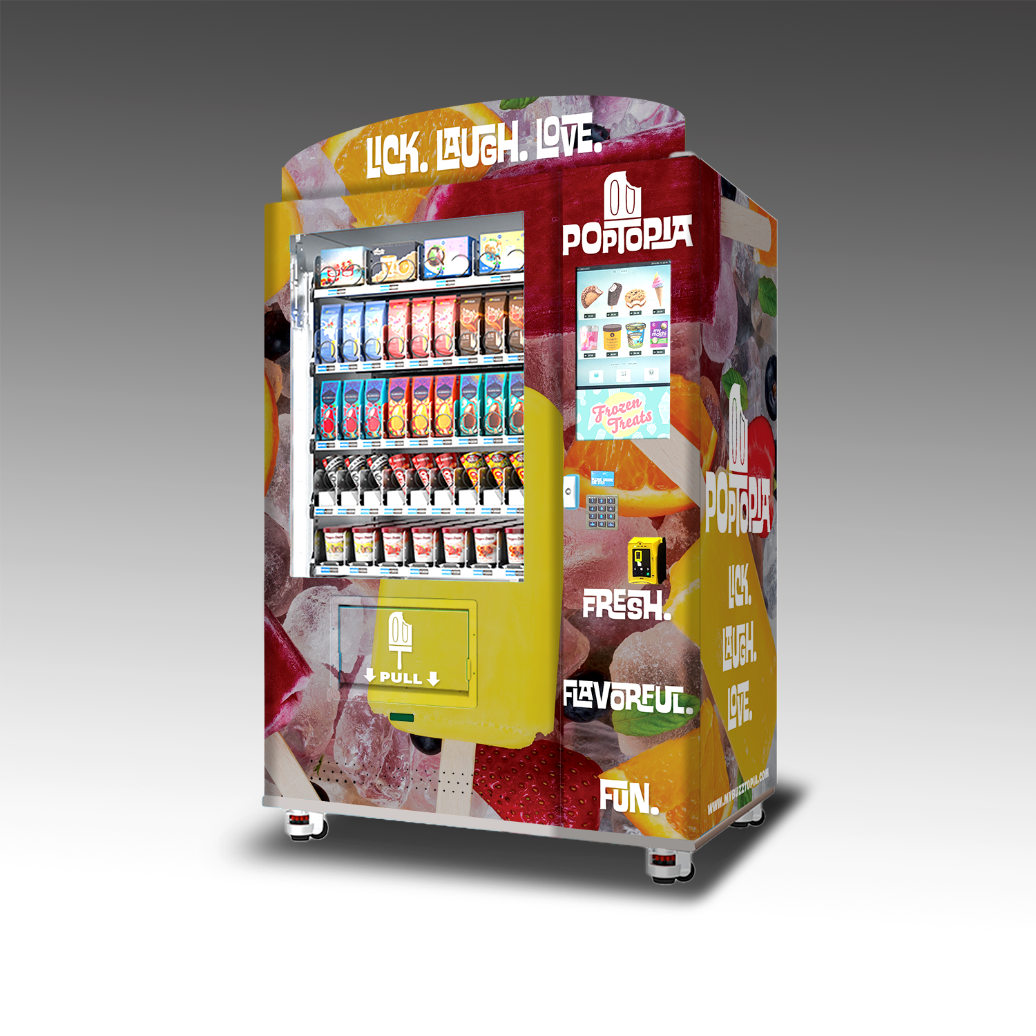 A custom vending machine with a freezer to vending frozen alcoholic popsicles with ID verification.