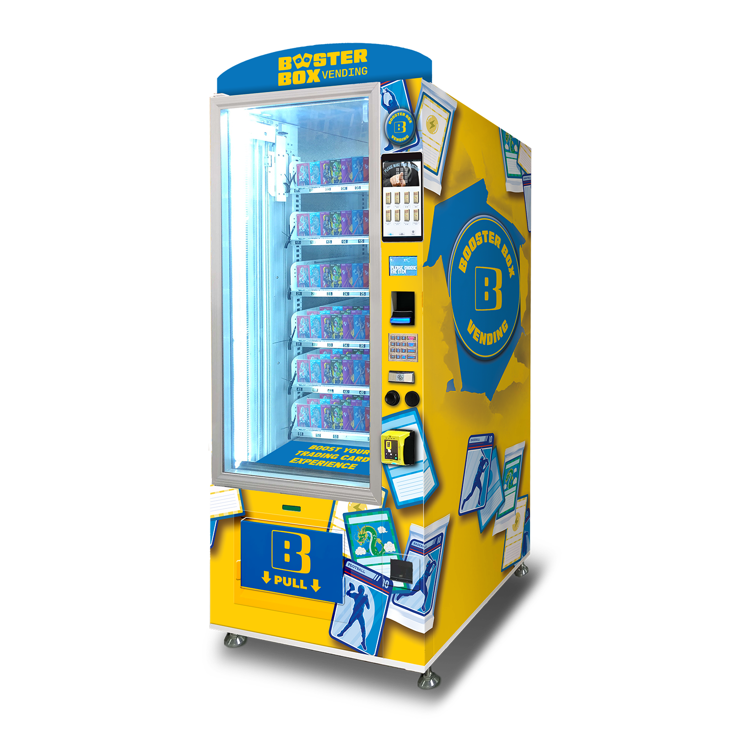 A custom trading cards vending machine built for Booster Box Vending.