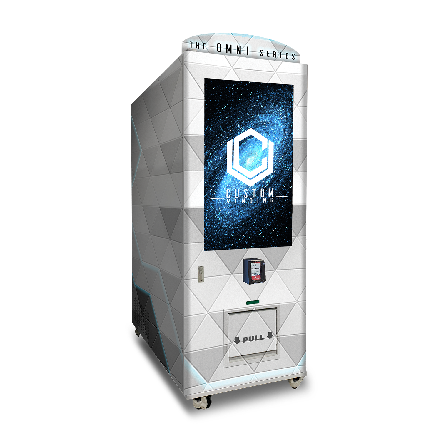 A mockup of the OMNI Vista custom vending chassis facing to the right.