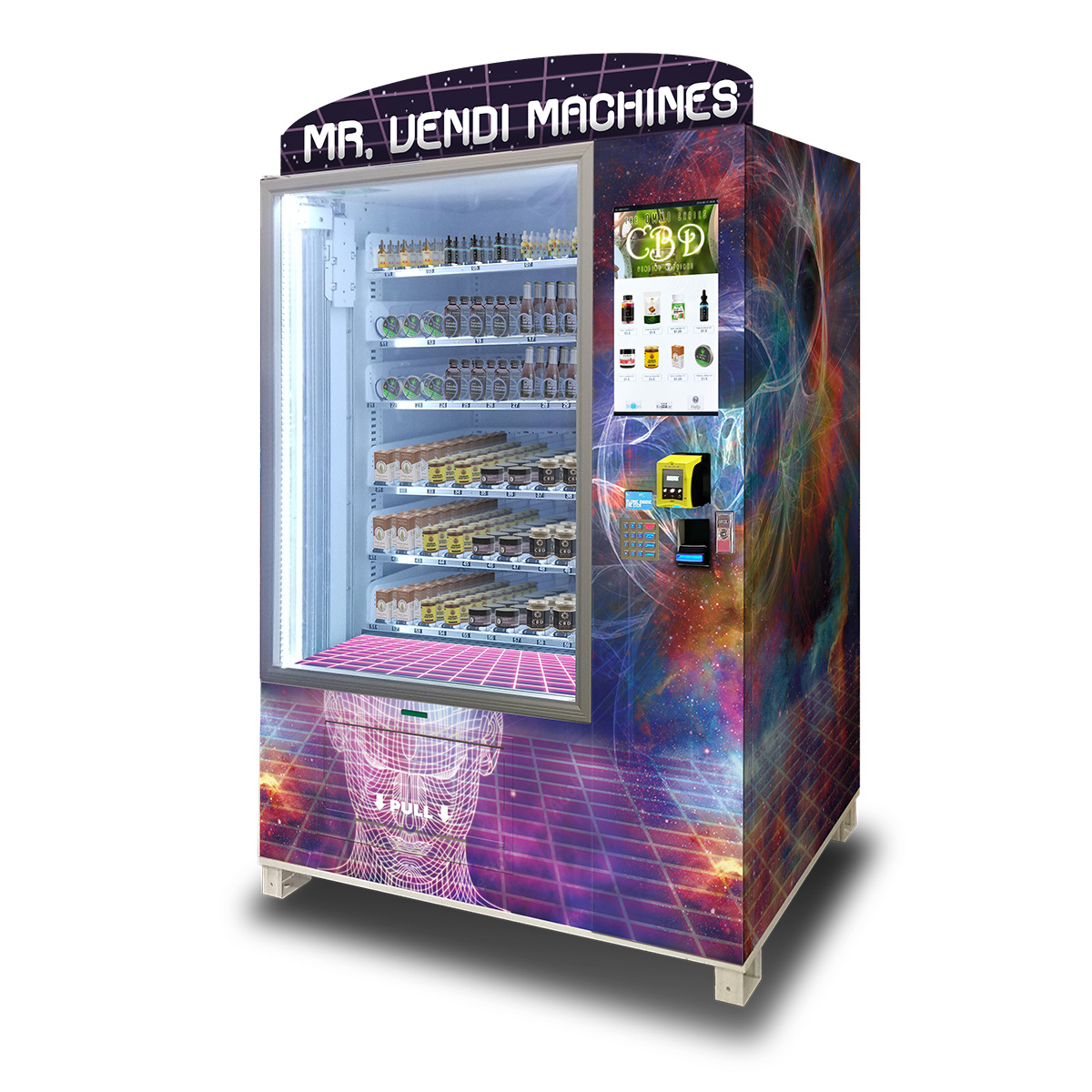An OMNI Elite Vending Machine showcasing a transcendent universal wrap with psychedelic colors and the text "Mr. Vendi Machines" on the marquis