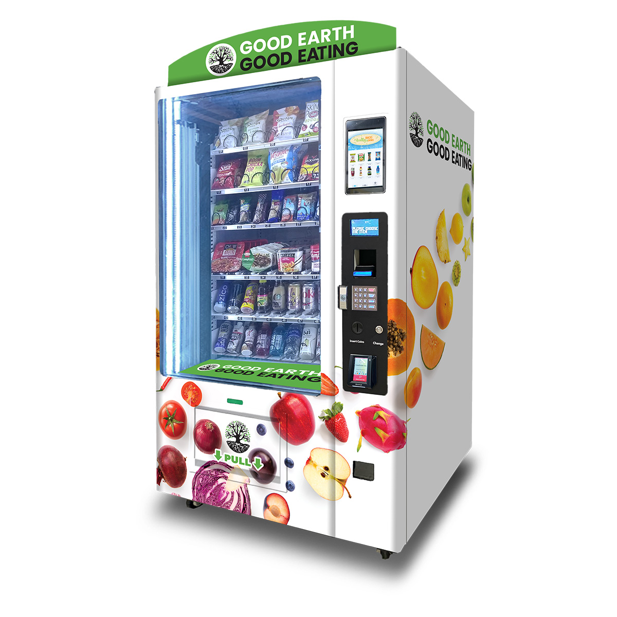 An OMNI Pro Vending Machine showcasing a simple white wrap with various healthy fruits strewn across it and the text "Good Earth, Good Eating" on the marquis