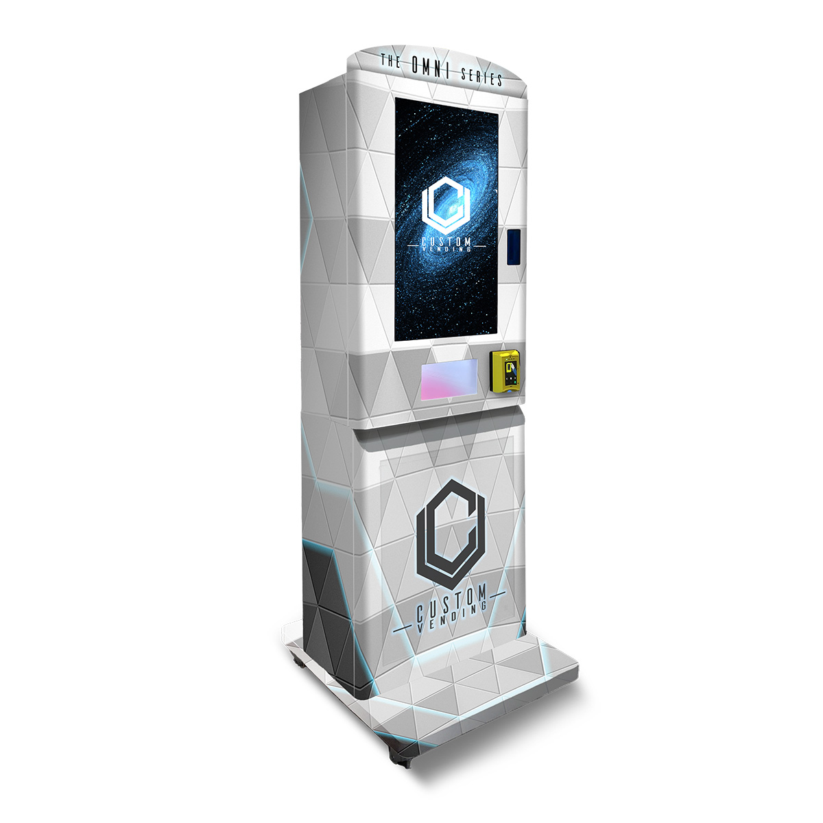 A small vending machine with a large touchscreen for its size. It is on a pedestal and has a card reader for payments.