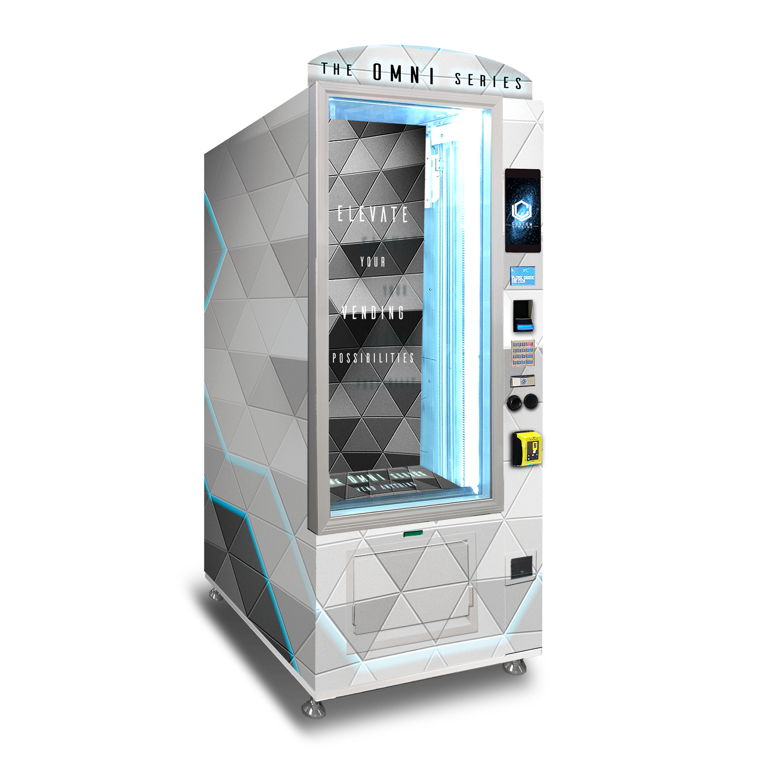 A mockup of the OMNI Fit custom vending chassis facing to the right.