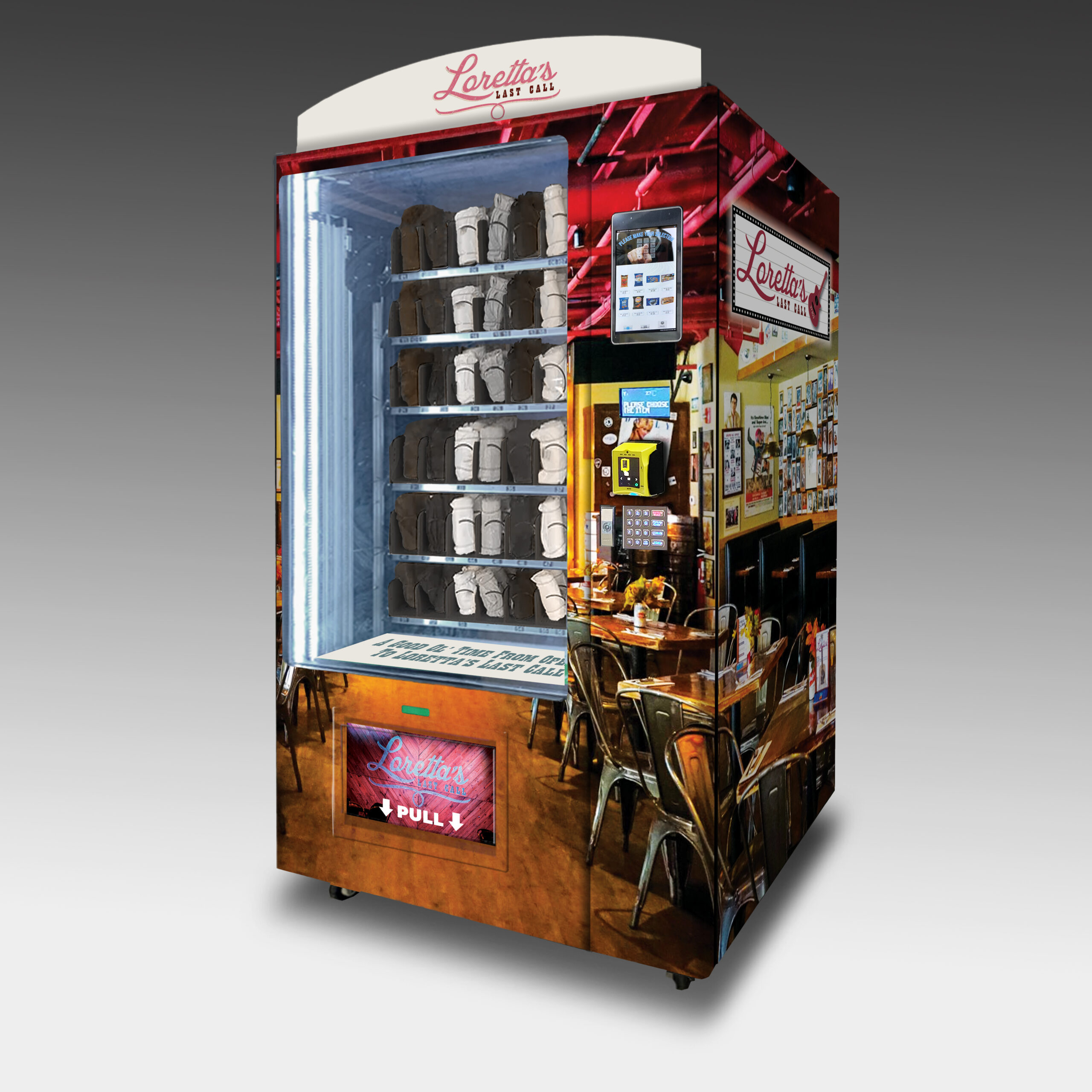 A custom swag and clothing machine built for the bar Loretta's Last Call.