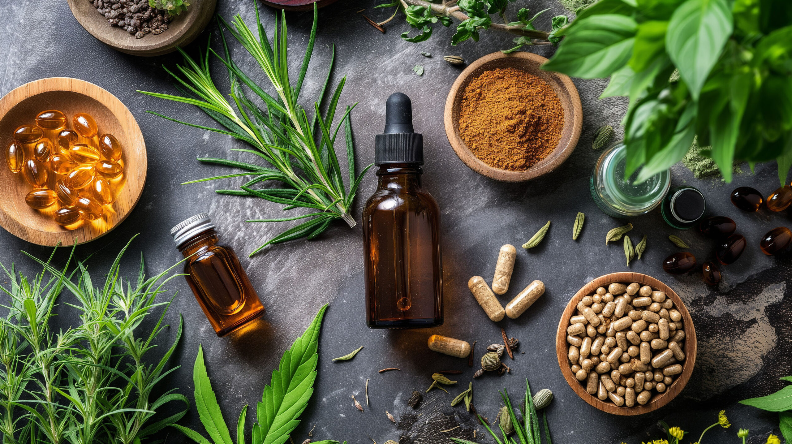 Various CBD products like tinctures, capsules and plants cuttings.