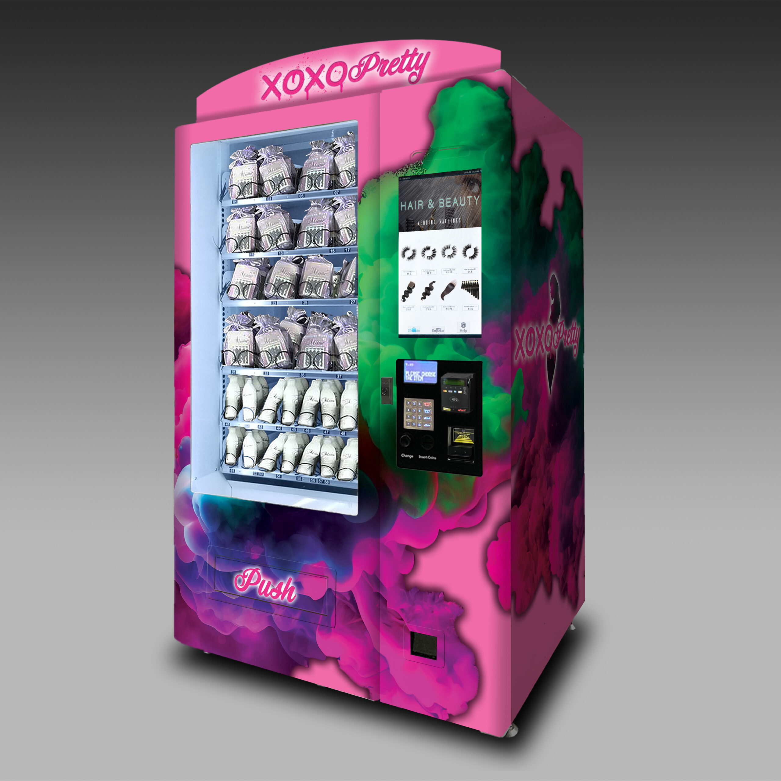 A custom hair and beauty vending machine built for XOXO Pretty.