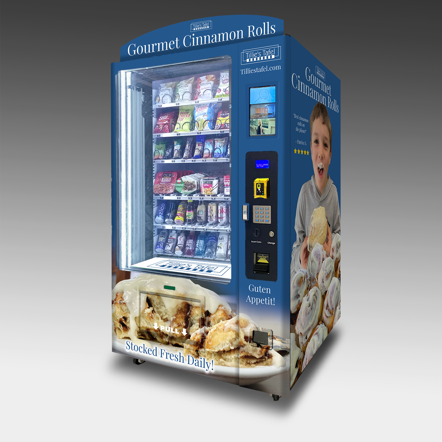 A custom vending machine built to vend cinnamon rolls to bake at home.