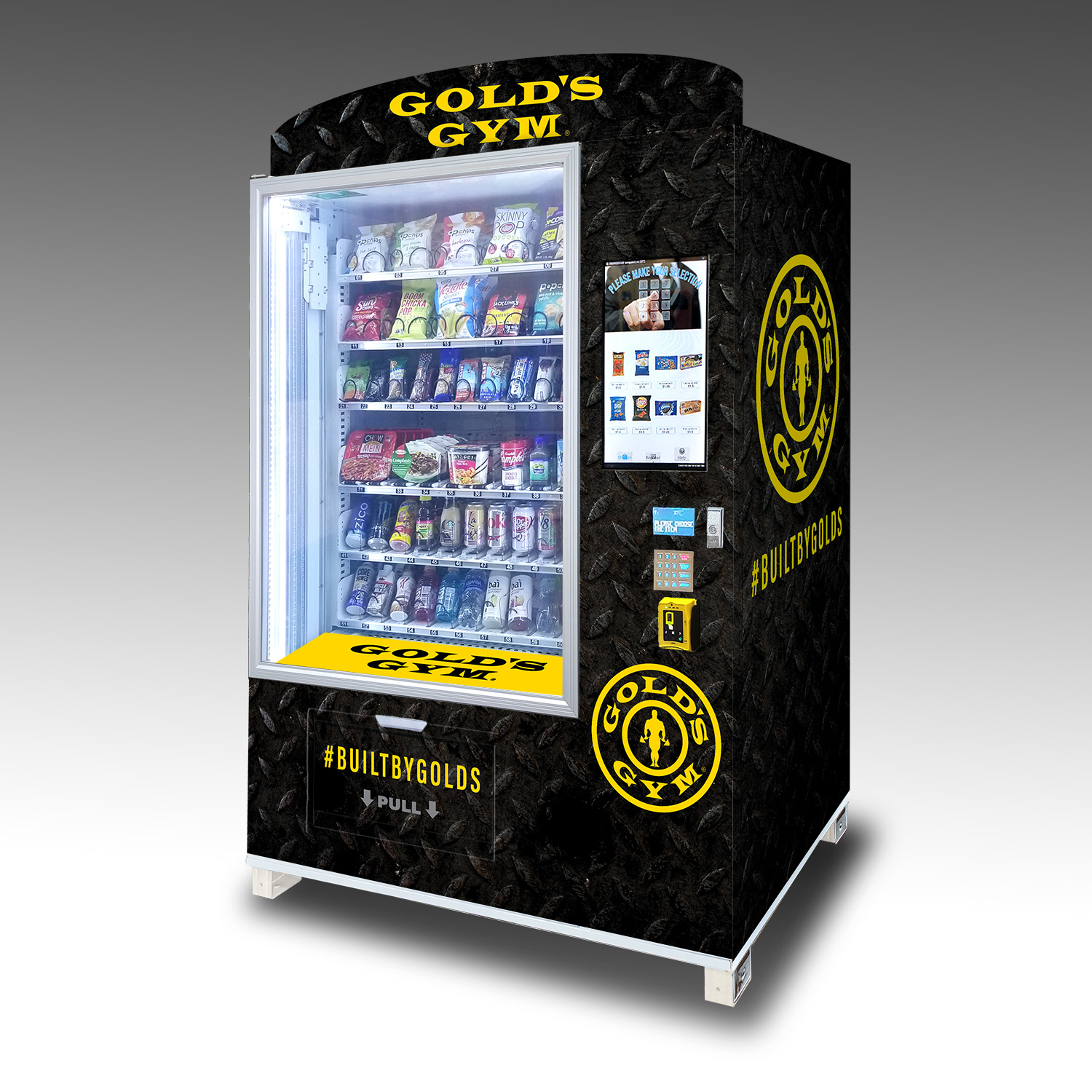 A custom vending machine for workout shakes and gym supplies built for Gold's Gym.
