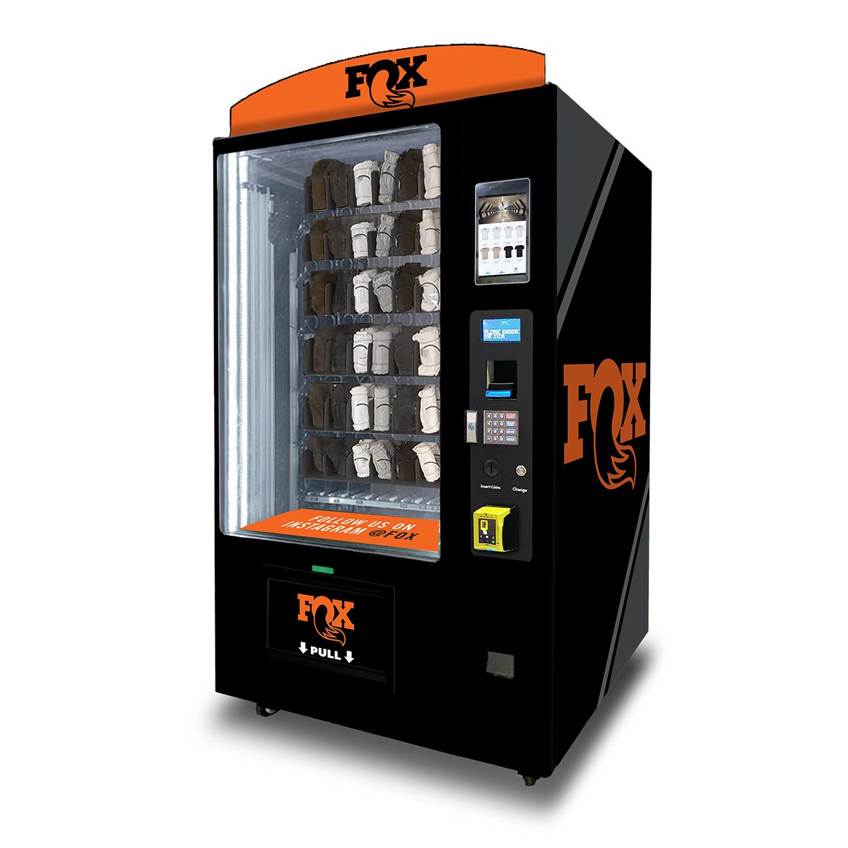 An OMNI Pro Vending Machine showcasing a professional black wrap with the orange logo for the sporting company "Fox" and the text "Fox" on the marquis