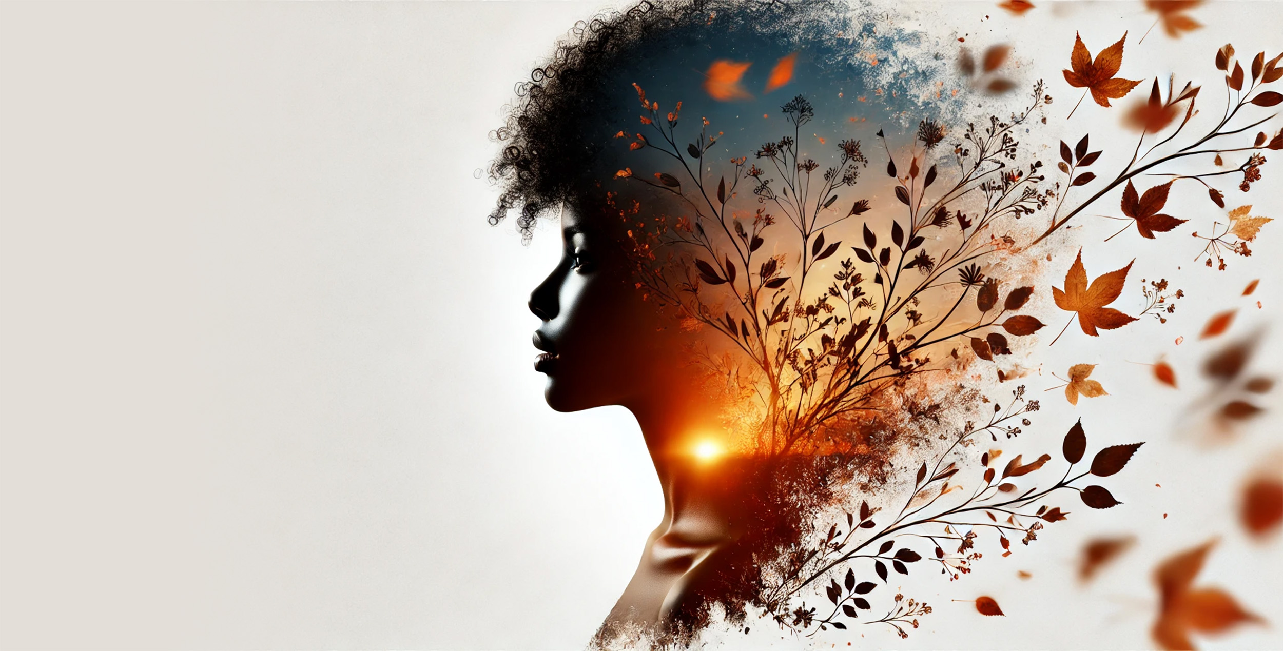 A beautiful African American woman in profile with a secondary exposure of leaves and a sunset in the dark shadows.