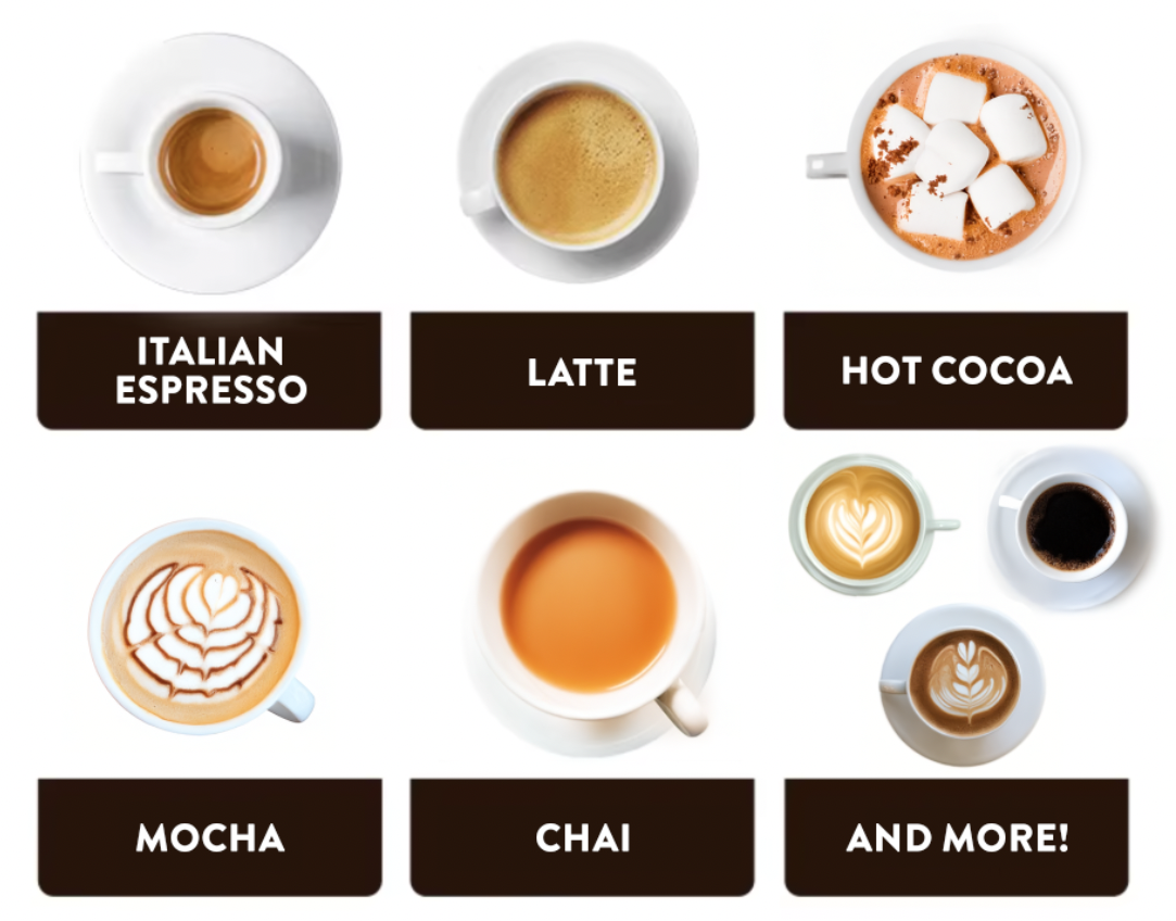 Various images of different hot drinks that can be made. by the Joe2Go. Italian Espresso, Latte, Hot Cocoa, Mocha, Chai, And More!