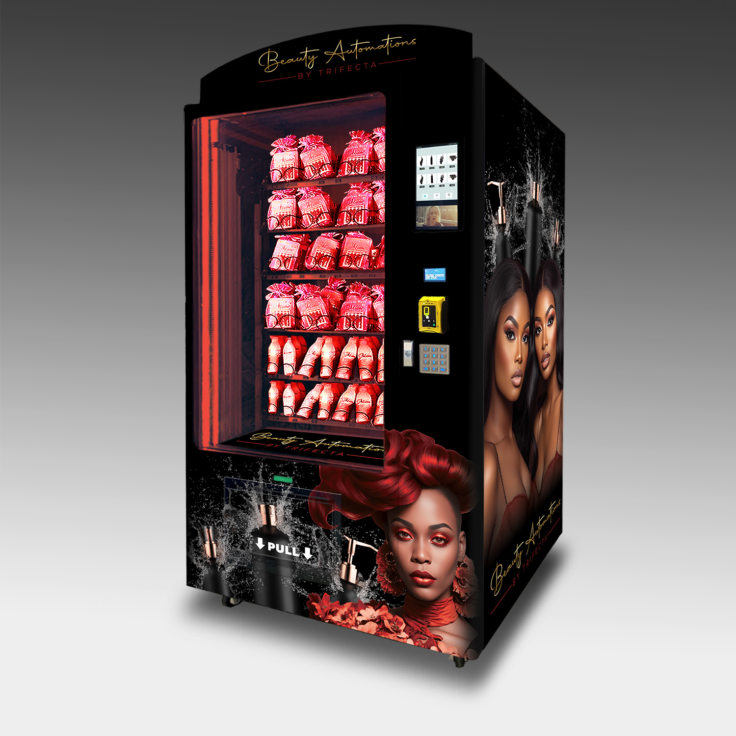 A custom cosmetics and beauty supply vending machine built for Beauty Automations by Trifecta.