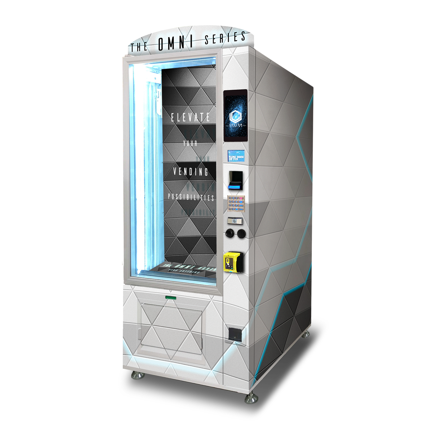 A mockup of the OMNI Fit custom vending chassis facing to the left.