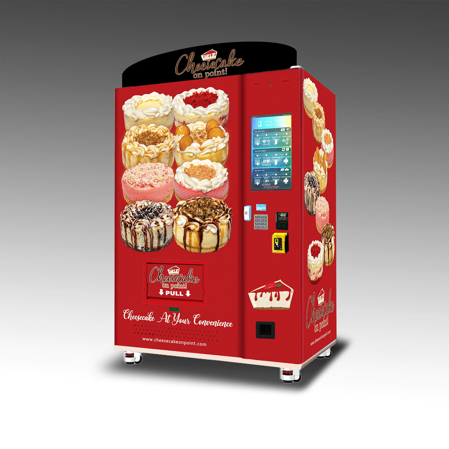 A custom frozen cheesecake vending machine built for Cheesecake On Point.