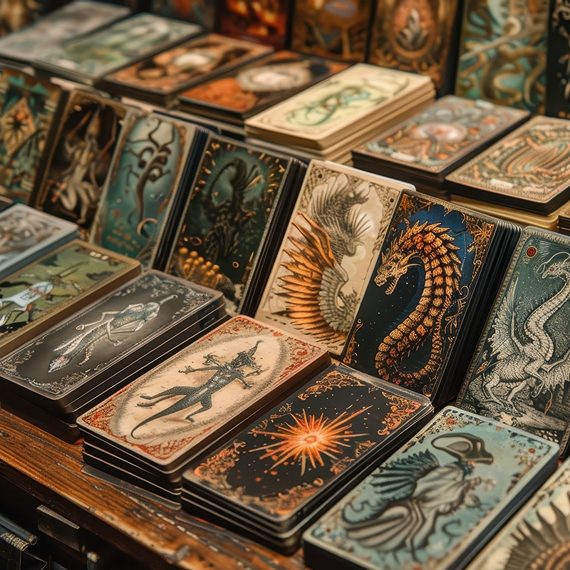 An image of various collectible trading and gaming cards like Pokemon and Magic: The Gathering.