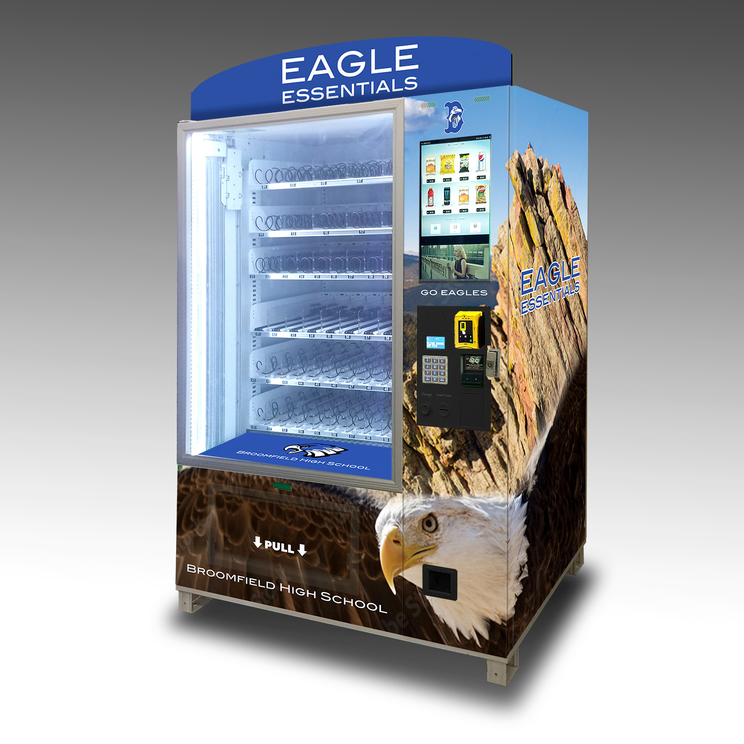 A custom school supplies vending machine built for Broomfield High School in Colorado.